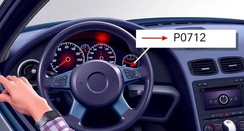 A detailed illustration of a car's dashboard with a diagnostic light illuminated, specifically the P0712 code indicator. The dashboard should show various gauges and warning lights, with the P0712 light highlighted in red. The car's interior should be realistically depicted, showing the steering wheel, seats, and other components. Focus on clarity and detail to represent a technical diagnostic scenario.