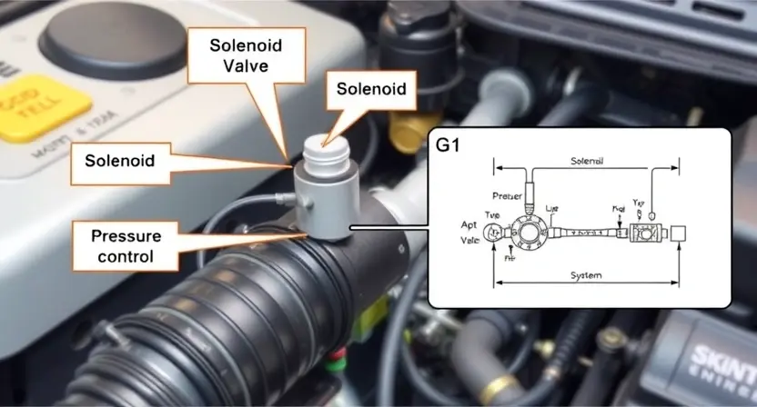 A detailed illustration of a car's engine compartment, focusing on the solenoid valve for pressure control (G). The solenoid should be clearly visible, with labels indicating its function. Show wiring connected to the solenoid and a diagram illustrating the pressure control system. The background should be slightly blurred to emphasize the solenoid.
