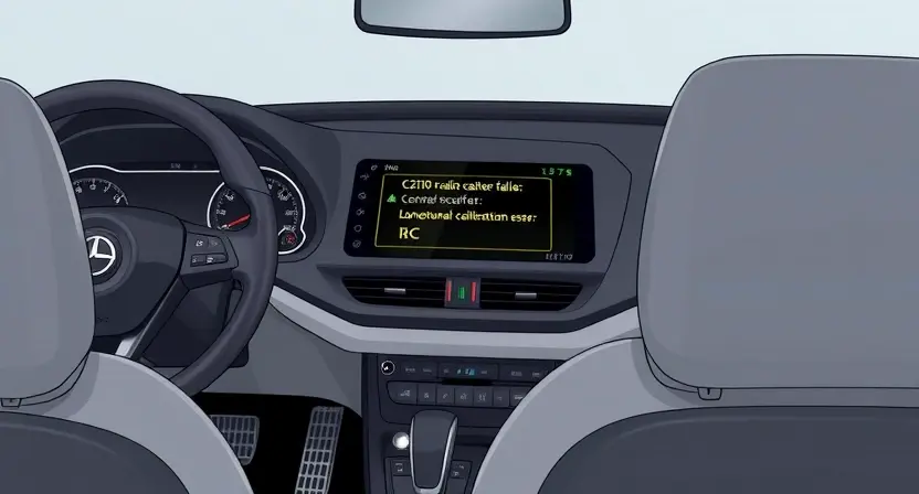 A detailed illustration of a car's dashboard with a diagnostic screen displaying an error message 'C2120: Sensor calibration failure'. The screen should show technical information related to the longitudinal acceleration sensor. The car's interior should be realistically depicted, showing the steering wheel, seats, and other dashboard elements. Focus on clarity and technical accuracy.
