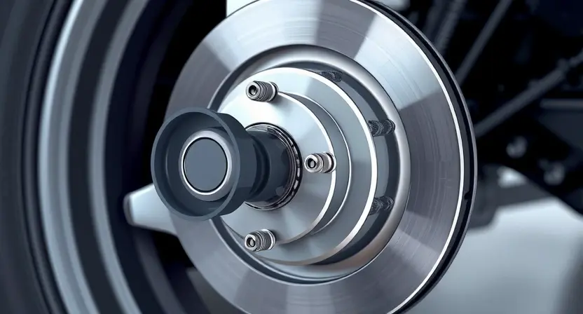 A close-up, detailed illustration of a car's wheel speed sensor. The sensor should be clearly visible, along with the wheel hub and brake rotor. Focus on the sensor's physical components and wiring connections. The background should be blurred, suggesting a car's interior or garage setting.