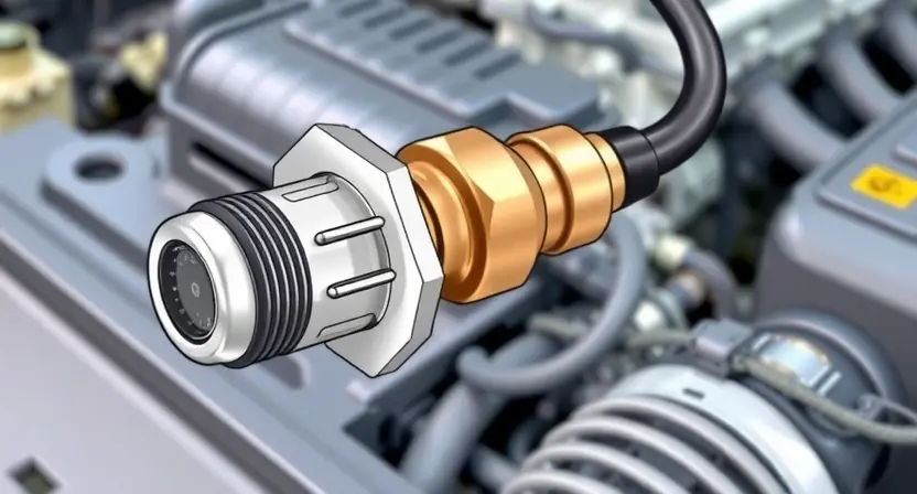 A close-up, detailed illustration of a car's oxygen sensor, highlighting its components and connections. The background should be a slightly blurred view of the engine bay. Focus on the sensor's physical form and wiring. The image should convey technical accuracy and clarity.