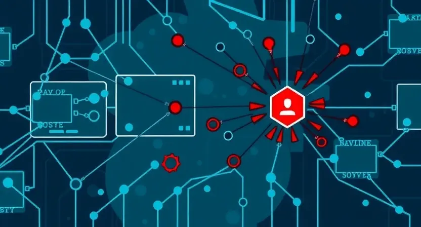 A stylized, abstract representation of a computer system experiencing an error. Visualize a network of interconnected nodes (representing components) with one node highlighted in red and emitting distorted signals. The overall composition should convey instability and a disruption in data flow. Focus on visual metaphors for system errors and security vulnerabilities.