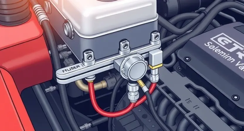 A detailed illustration of a car's engine compartment, focusing on the solenoid valve (E) and its connection to the pressure system. The solenoid should be clearly visible, with wires and hoses connected. The background should be slightly blurred to emphasize the solenoid.