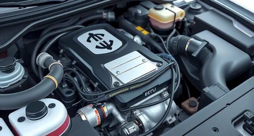 A close-up, detailed illustration of a car engine bay with a focus on the engine control unit (ECU) and related sensors. The engine should appear clean and well-maintained. Wires and hoses should be neatly organized. The overall lighting should be bright and professional, highlighting the components.