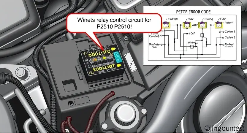 A detailed illustration of a car engine control unit (ECU) with a highlighted relay control circuit, showing the wiring and connections. The image should depict the ECU with a focus on the relay control section, emphasizing the components involved in the P2510 error code. The background should include a schematic diagram of the relay control circuit to provide context.