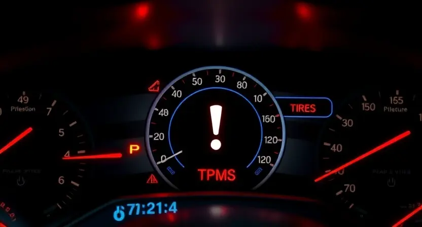 A modern car dashboard with a warning light illuminated for tire pressure monitoring system (TPMS), showing a stylized tire with an exclamation mark inside, surrounded by subtle digital glitch effects to indicate communication error, set in a dimly lit garage environment with soft ambient lighting, no text or labels visible