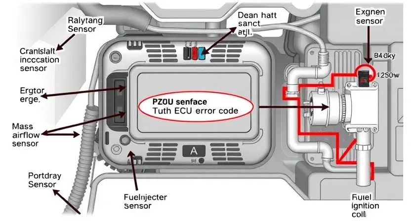 A detailed diagram illustrating a vehicle's engine control unit (ECU) and its connection to various sensors (e.g., oxygen sensor, crankshaft position sensor, mass airflow sensor) and actuators (e.g., fuel injector, ignition coil). Highlight the P2505 error code within the ECU interface, showing a visual representation of the diagnostic process. Focus on the flow of data and the relationship between the components.