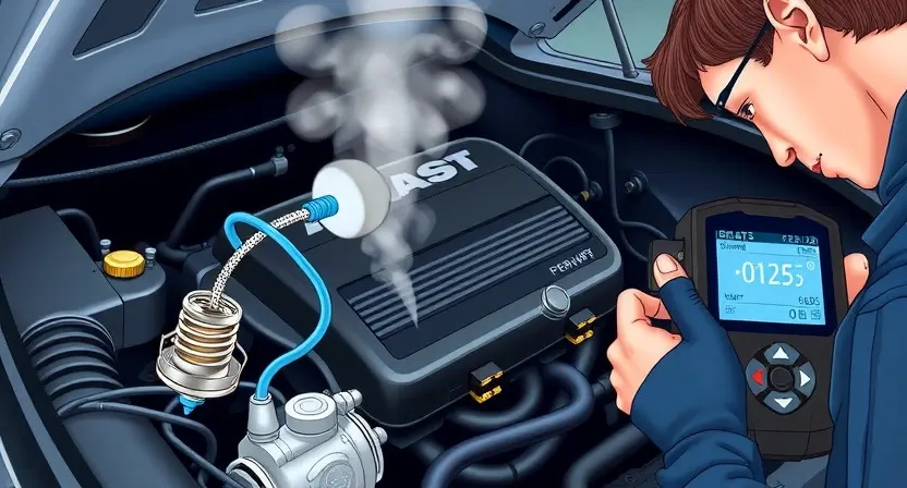 A detailed automotive illustration showing a car engine with focus on the cooling system components: thermostat, coolant temperature sensor, radiator, and hoses. Include visual indicators of overheating such as steam rising from the radiator and a warning light on the dashboard displaying 'P0125'. Show a mechanic using a diagnostic scanner connected to the OBD-II port, with temperature readings on the screen. The setting is a garage with soft lighting, emphasizing technical accuracy and clarity.