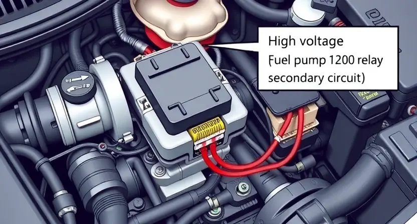 A detailed illustration of a car engine bay, focusing on the fuel pump relay and its wiring. The relay should be clearly visible, surrounded by relevant components like the fuel pump, wiring harness, and sensors. The image should depict the high voltage secondary circuit, showing the wires and connections. The overall style should be realistic and technical, suitable for a repair manual.