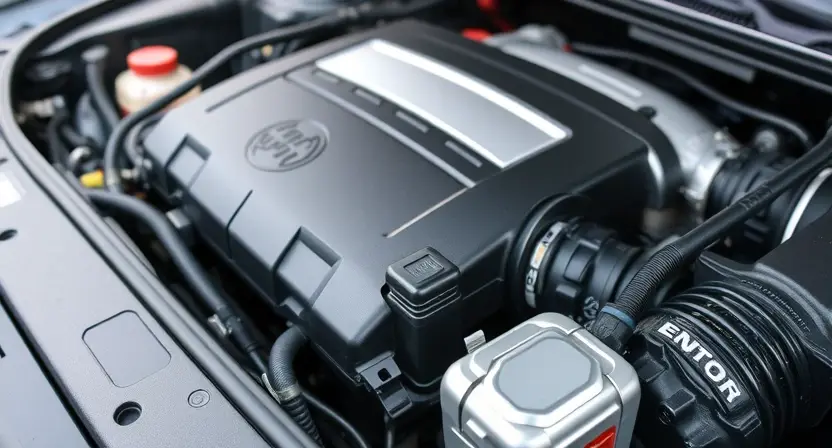 A close-up shot of a car's engine bay, focusing on the engine control unit (ECU) and related sensors. The engine should appear clean and well-maintained. Subtle visual cues indicating a potential issue, like a slightly loose connection or a sensor with a minor discoloration, could be included without being overly obvious. The overall lighting should be bright and professional, highlighting the components.