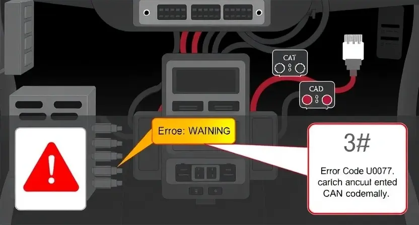 A detailed technical illustration of a vehicle's CAN bus network showing a warning indicator for error code U0073, with visual cues like a red exclamation mark and disconnected wiring, rendered in a clean, professional style suitable for automotive diagnostics documentation