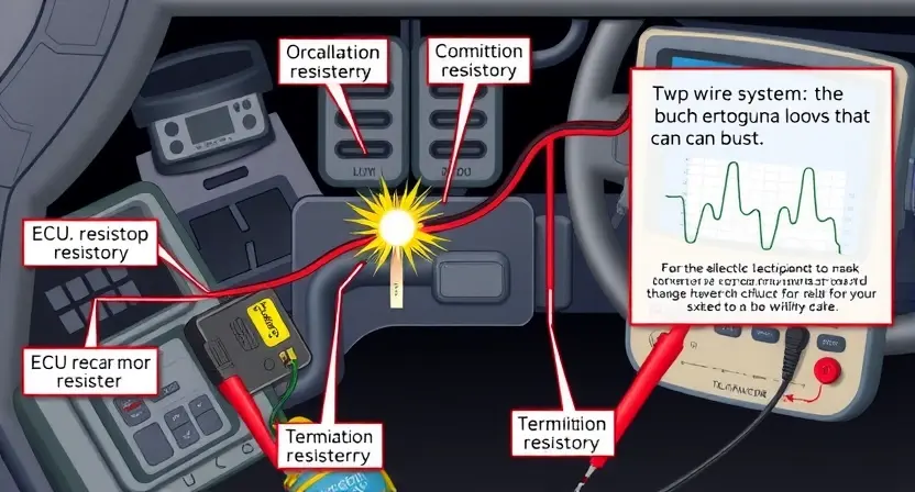 A detailed technical illustration showing electrical wiring in a vehicle's CAN bus system with a visible short circuit between two wires, sparks at the fault point, and diagnostic tools like an oscilloscope and multimeter nearby, labeled components including ECU, sensors, and termination resistors, all in a clean, professional automotive engineering style