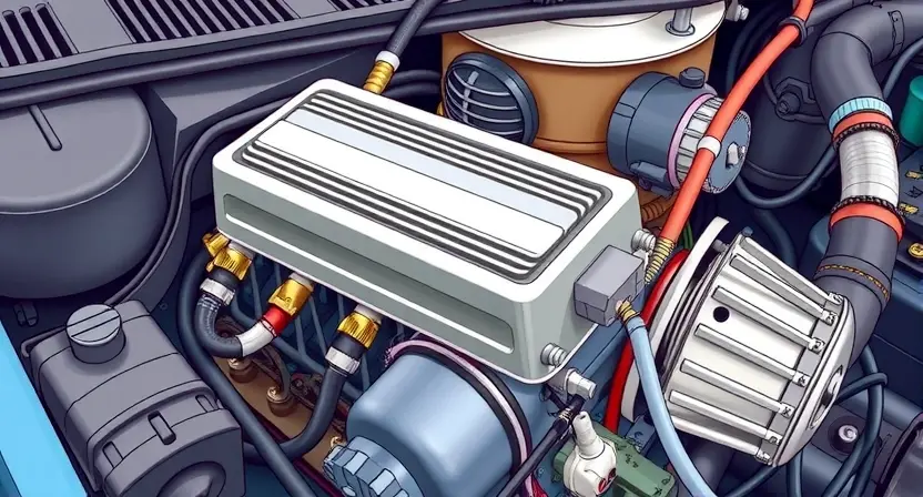 A detailed illustration of a car's engine bay, specifically highlighting the heater core and its associated wiring and connections. The heater core should be clearly visible, with wires running to and from it. The background should be a slightly blurred view of the engine components.