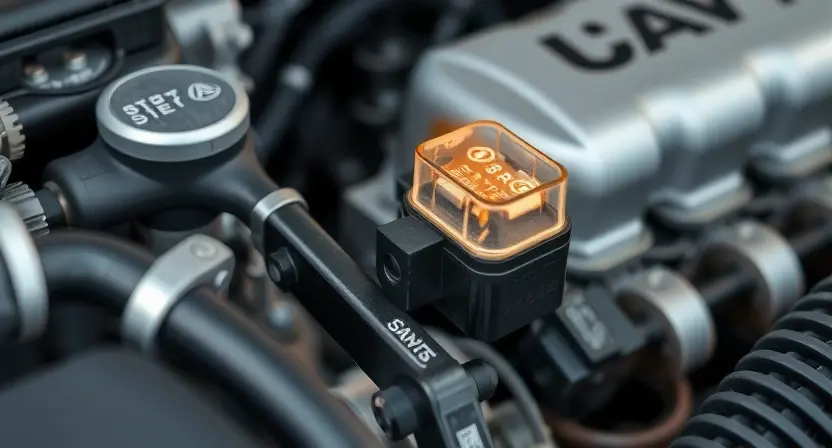 A close-up view of a car engine compartment with a focus on the pre-heating relay. The relay should be highlighted with a warm glow to indicate its malfunction. The surrounding components should be in sharp focus, showing the intricate details of the engine parts. The image should convey a sense of technical precision and the importance of the relay in the engine's operation.