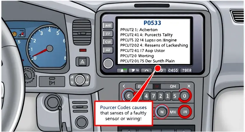 A detailed illustration of a car's engine control unit (ECU) with various diagnostic codes displayed on a screen. The ECU should be highlighted, and the P0533 code should be prominently shown. Include visual cues representing the potential causes of the code, such as a faulty sensor or wiring.
