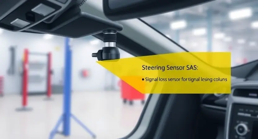 A close-up technical illustration of a car's steering column area showing the Steering Angle Sensor (SAS) unit, with a highlighted connection point and a faint digital overlay indicating a signal loss error, set against a clean automotive workshop background with soft lighting and no text or labels