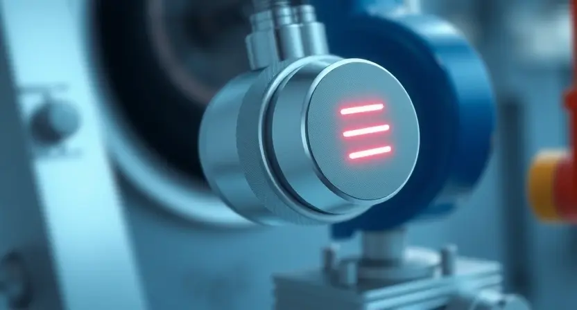 A close-up illustration of a pressure sensor with a visual representation of a weak signal. The sensor should be depicted in a clean, technical style, possibly with subtle glowing lines indicating the signal strength. The background should be a blurred industrial setting, suggesting a machine or equipment where the sensor is used. Focus on conveying the concept of a low signal level through visual cues like faint lines or a dimmed indicator on the sensor itself.