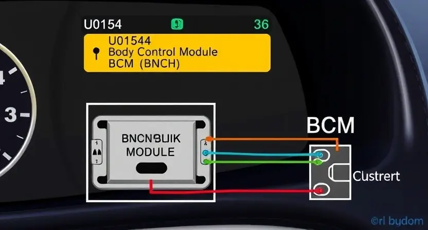 A detailed illustration of a car's diagnostic interface displaying a U0154 error code, with a visual representation of the body control module (BCM) and the communication bus. Focus on the error message and the connection points between the BCM and the rest of the vehicle's electrical system.