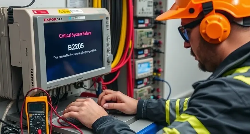 A detailed image of a technician using diagnostic equipment to troubleshoot a critical system failure. The scene should include a computer or control panel displaying error code B2205, various diagnostic tools such as multimeters, oscilloscopes, and cables connected to the system. The technician should be focused and wearing appropriate safety gear. The background should suggest a professional technical environment, such as a lab or control room.