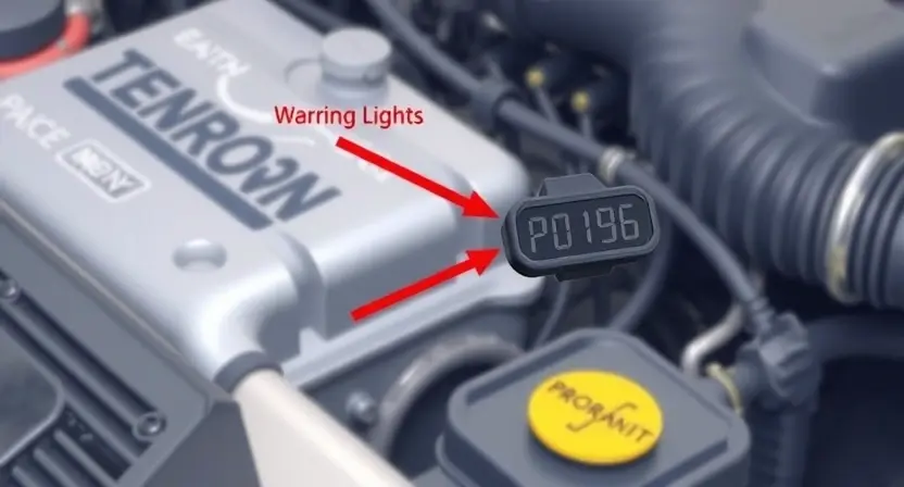 A detailed illustration of an automotive engine bay with a focus on the temperature sensor. The sensor should be clearly visible, connected to wiring, and with a digital display showing a temperature reading. Include visual cues representing the error code P0196 (e.g., a warning light). The background should be slightly blurred to emphasize the sensor.