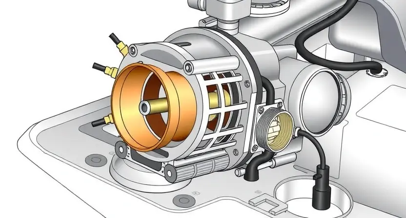 A detailed illustration of a car's throttle body, highlighting its internal components like the throttle plate, butterfly valve, and sensors. The image should show a cross-section view, emphasizing the mechanism's operation. Focus on the mechanical and electronic aspects of the throttle body.