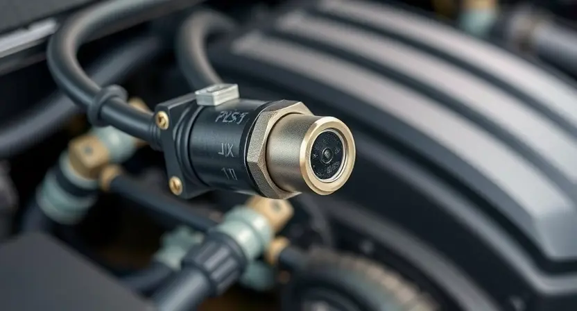 A close-up, detailed illustration of an engine's oxygen sensor. The sensor should be clearly visible, with wires connected. The background should be a slightly blurred view of the engine bay, suggesting a car engine. Focus on the sensor's physical components and connections. The overall lighting should be bright and clean, highlighting the sensor's details. The image should convey technical accuracy and clarity.