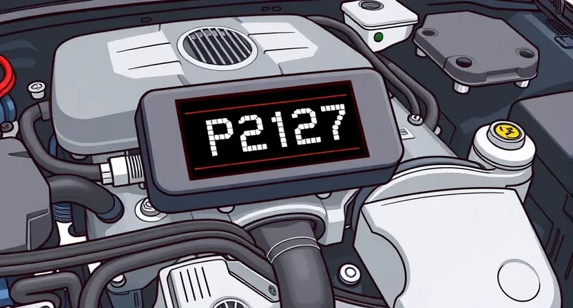 A close-up, detailed illustration of a car engine with a highlighted P2127 error code displayed on a digital dashboard screen. The engine should appear clean and modern, with visible components like hoses, belts, and wires. Focus on the dashboard screen displaying the error code prominently.