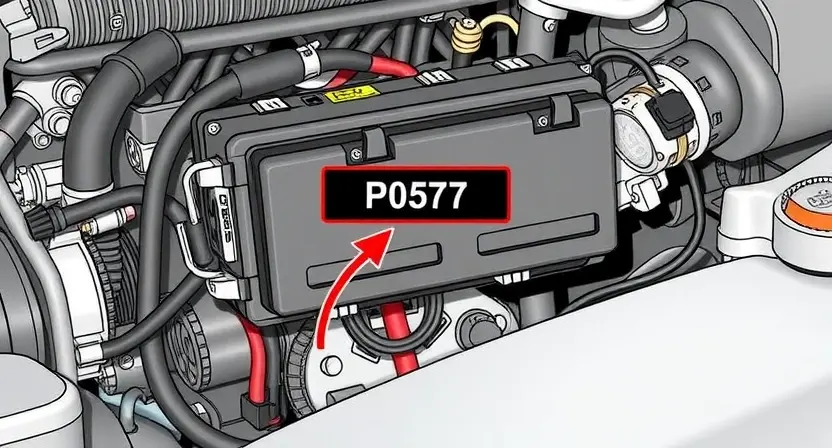 A detailed illustration of an engine control unit (ECU) with various sensors and wiring, highlighting the P0577 error code indicator. The background should be a clean, technical environment.