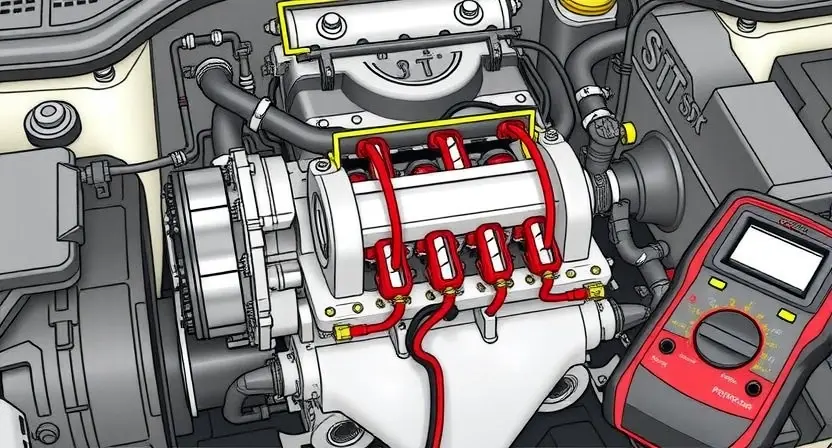 A detailed illustration of an engine block with a highlighted area indicating the crankshaft output circuit. Show wiring, sensors, and potential points of failure. Include diagnostic tools like a multimeter and a scan tool near the engine.