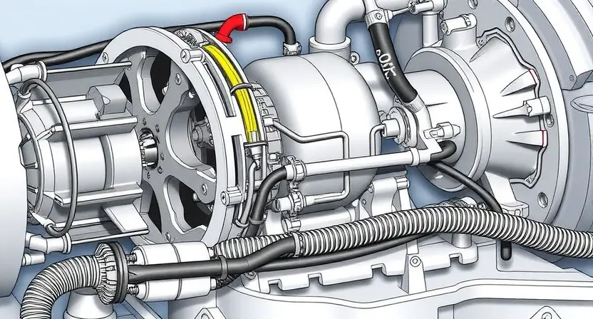 A detailed illustration of a car's transmission system, specifically highlighting the torque converter and its connection to the clutch control unit. The image should showcase the internal components of the torque converter and the wiring/hoses connecting it to the control unit. Focus on mechanical precision and clarity of the components.