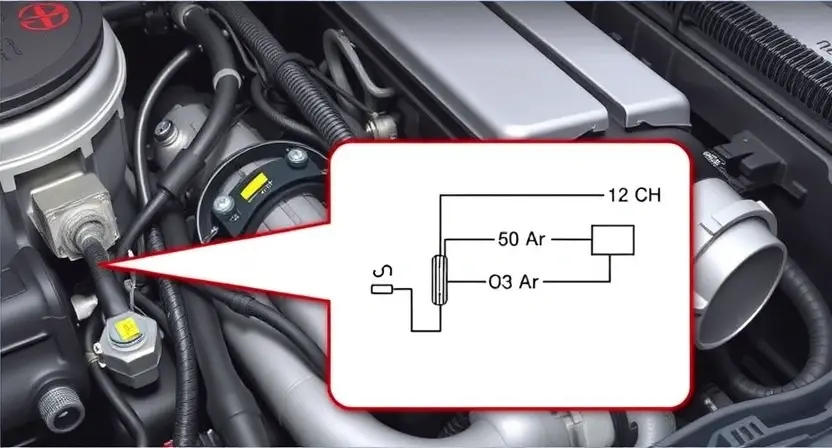 A detailed illustration of an automotive engine bay, focusing on the camshaft position sensor and its wiring. The image should show the sensor clearly, along with the associated wiring harness and connectors. Include a schematic diagram overlaid on the engine bay, highlighting the sensor's location and connection points. The background should be a slightly blurred view of the engine components.