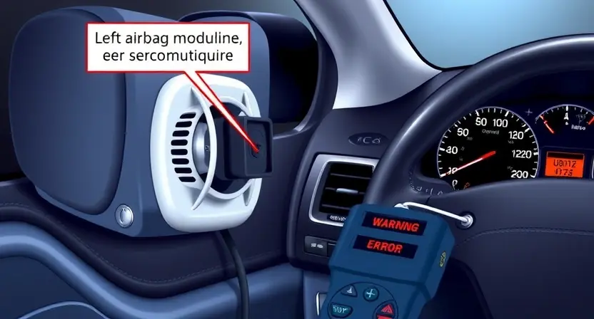 A detailed technical illustration showing a car's left side airbag module with a broken communication line, diagnostic tools connected to the vehicle's OBD-II port, and warning lights on the dashboard indicating U0152 error, all in a clean, professional automotive repair setting with soft lighting and high detail