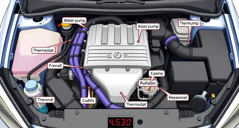 A detailed illustration of a car's engine bay, focusing on the cooling system components. Show the radiator, coolant hoses, water pump, thermostat, and expansion tank clearly labeled. The engine should be clean and well-maintained. Use bright, realistic colors to highlight the different parts of the system.
