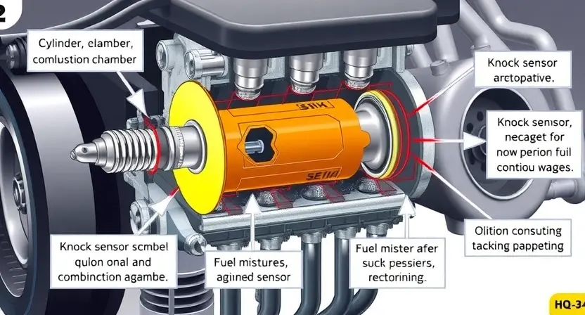 A high-quality technical illustration showing a car engine with a highlighted cylinder 2, visualizing detonation causes and consequences, featuring clear diagrams of combustion chamber, spark plug, and pressure waves, with labeled arrows indicating knock sensor, fuel mixture, and ignition timing issues, in the style "HQ-832-448-h"