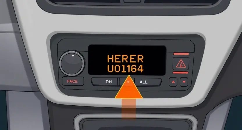 A high-quality technical illustration showing a car's HVAC control module with a warning indicator for error code U0164, depicting a disconnected communication line or fault light, clean background, professional automotive repair context