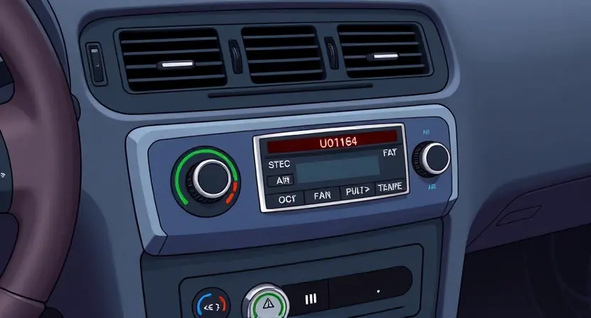 A detailed illustration of a car dashboard with a highlighted HVAC control unit. The HVAC control unit should be clearly visible with a red error indicator light labeled 'U0164' to signify the loss of communication error. The dashboard should include other standard controls and indicators, such as temperature settings, fan speed, and air direction controls. The overall scene should convey a sense of urgency and the need for technical attention.