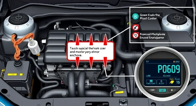 A detailed illustration of a car's engine bay with various diagnostic tools and a dashboard displaying a P0609 error code. Focus on the visual representation of the error code and related components.
