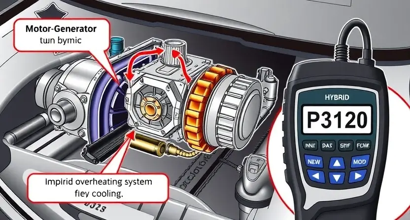 A detailed illustration of a hybrid car's motor-generator system, specifically highlighting the MG1 and MG2 components. Show the cooling system and any potential overheating indicators. Include a close-up of the diagnostic tool displaying error code P3120.