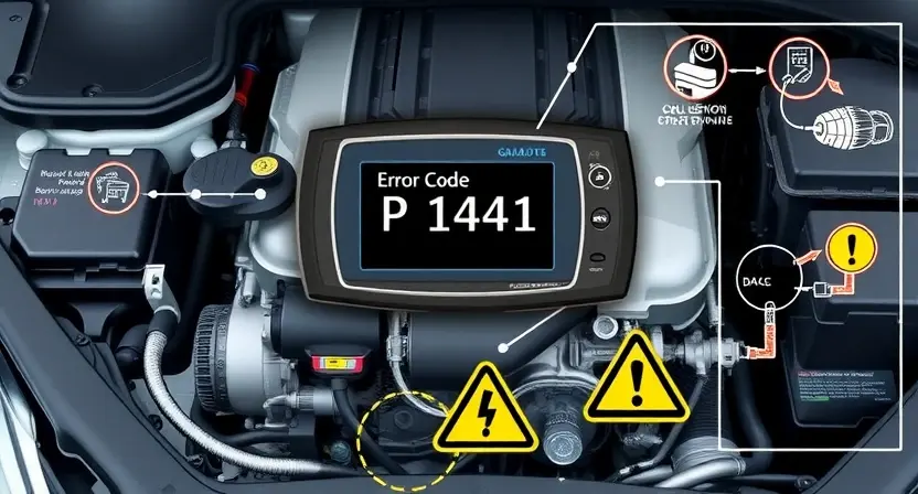 A high-quality technical illustration showing a car engine with a highlighted diagnostic scanner displaying error code P1441, surrounded by schematic diagrams of fuel injection system components and warning signs, clean white background, professional automotive repair documentation style
