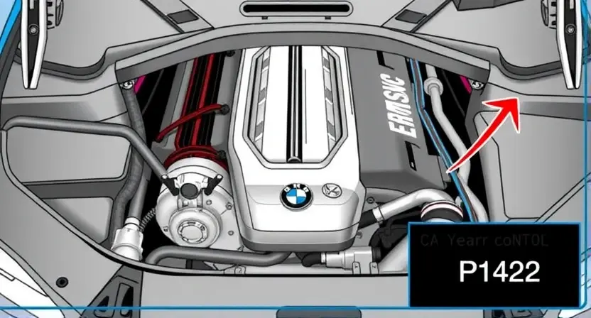 A detailed illustration of a BMW engine bay with the catalytic converter clearly visible. Focus on the components related to the exhaust system and emissions control. Include visual cues indicating a potential issue, such as a slightly discolored catalytic converter or a visual representation of the P1422 error code displayed on a dashboard.