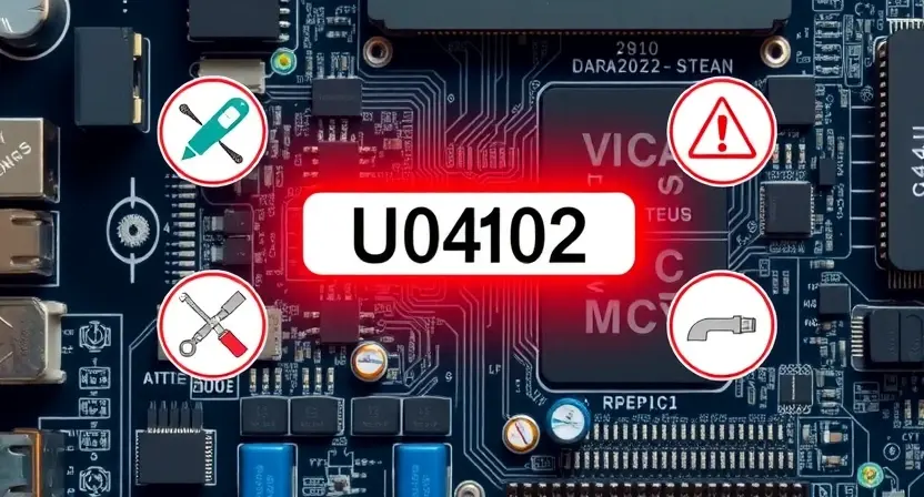 A high-quality technical illustration showing a circuit board with a highlighted U0402 error code, surrounded by icons of tools and warning signs, clean lines, detailed components, professional lighting