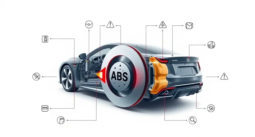 A high-quality technical illustration showing a modern car's anti-lock braking system (ABS) with highlighted components like sensors, hydraulic unit, and control module, surrounded by subtle circuit diagrams and warning light icons, clean white background, professional engineering diagram style