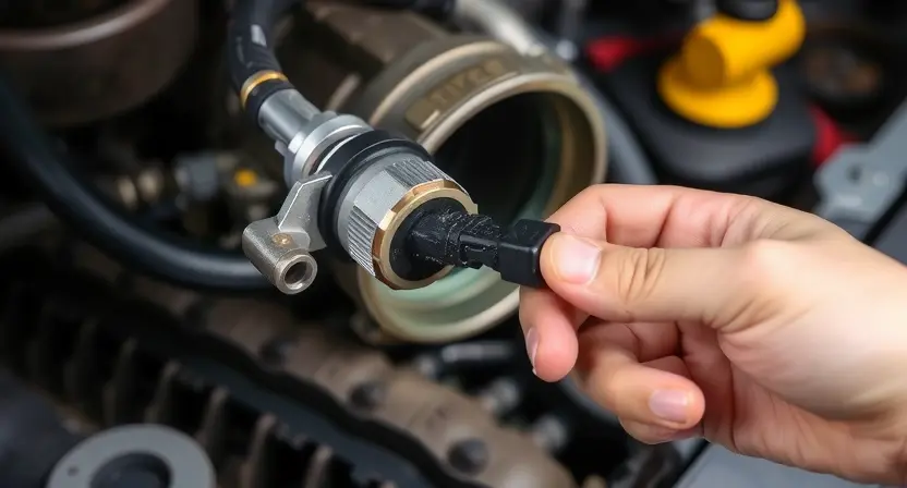A detailed close-up of a car's oxygen sensor (lambda sensor) being inspected or replaced. The image should show the sensor connected to the exhaust system, with visible wiring and connectors. Include a mechanic's hand holding a diagnostic tool or a new sensor for comparison. The background should be a car engine bay or a repair shop setting with tools and equipment.
