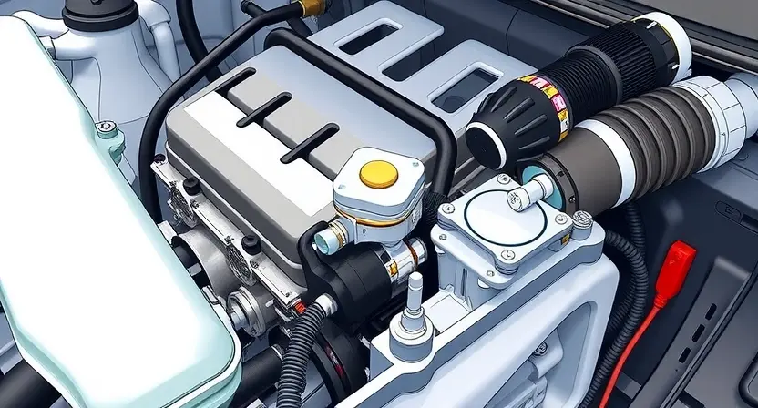 A detailed illustration of an engine bay, focusing on the intake manifold and butterfly valve actuator. The actuator should be clearly visible, showing its mechanical components and connection points. The surrounding engine parts should be realistically rendered, but not overly detailed to keep the focus on the actuator. Use bright, even lighting to highlight the relevant parts.