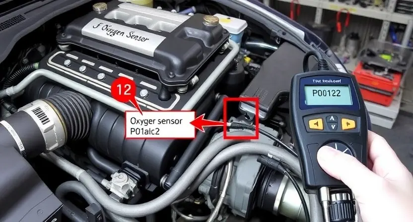 A detailed diagram illustrating a car engine with a highlighted oxygen sensor. Arrows indicate the flow of exhaust gases and electrical signals. A diagnostic tool is shown connected to the sensor, displaying a "P0122" error code. The background shows a workshop environment with tools and equipment. Focus on the sensor and its connection to the engine's electrical system.