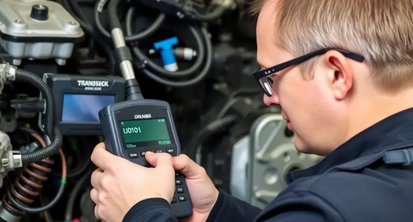 A professional automotive technician using a diagnostic scanner connected to a vehicle's OBD-II port, with a close-up view of the scanner screen displaying error code U0101, surrounded by automotive wiring harnesses and transmission components in a well-lit garage setting, emphasizing technical precision and vehicle communication systems