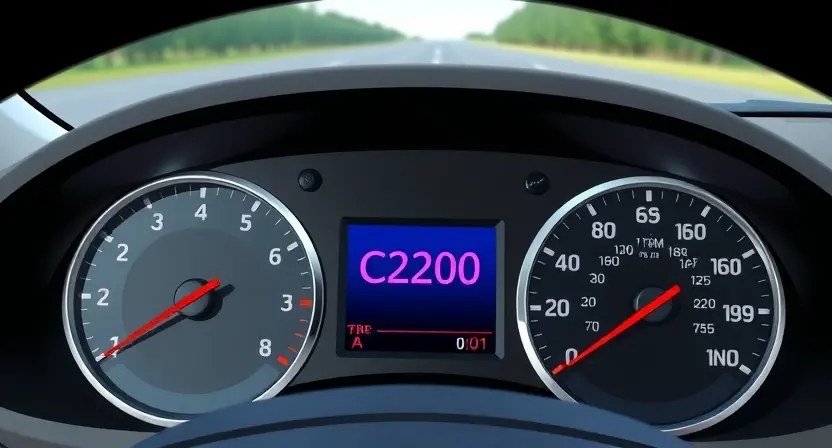 A detailed illustration of a car dashboard displaying a C2200 error message. The dashboard should be realistically rendered, showing various gauges and indicators. The error message should be clearly visible and highlighted. The background should be a slightly blurred image of a road.