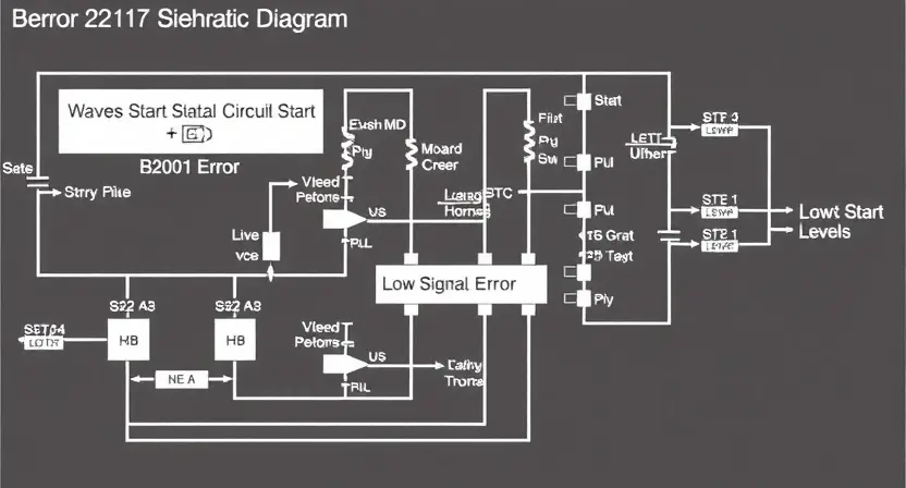 A detailed schematic diagram of a motor start circuit, highlighting the B2101 error and components related to the start circuit. The diagram should show the circuit components, their connections, and labels for each part. Focus on the components involved in the motor start process and the potential causes of low signal levels.