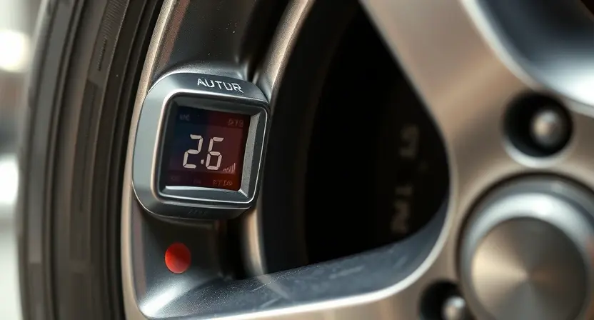 A close-up of a car tire pressure monitoring sensor on a wheel rim, showing digital readout and warning indicator light on dashboard, with subtle motion blur to suggest vehicle in motion, clean automotive workshop background, soft natural lighting, high detail on metal and rubber textures