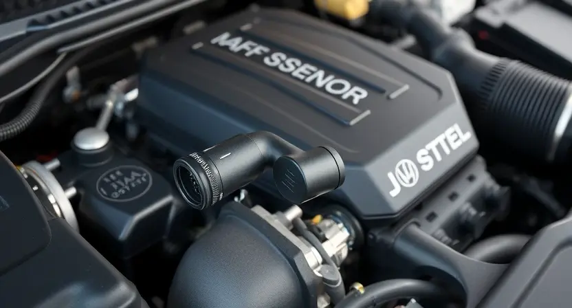 A close-up, detailed image of a car's engine bay. Focus on the mass airflow sensor (MAF sensor) and its surrounding components. The engine should appear clean and well-maintained. Use bright, even lighting to highlight the sensor's details.